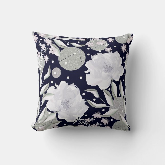 White peony flowers on dark blue. cushion (Front)