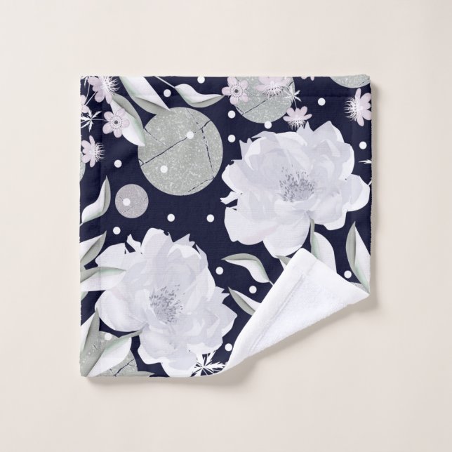 White peony flowers on dark blue. wash cloth (Wash Cloth)