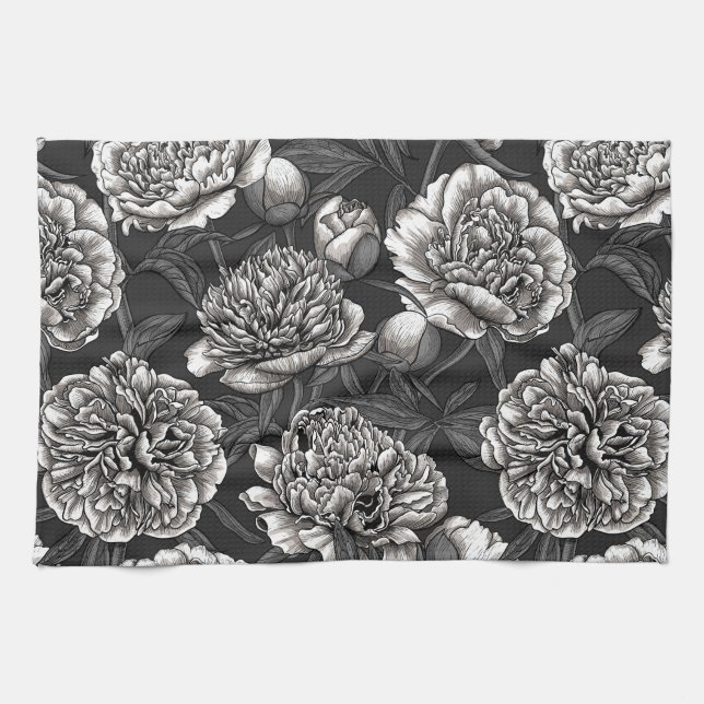 White peony flowers on dark gray tea towel (Horizontal)