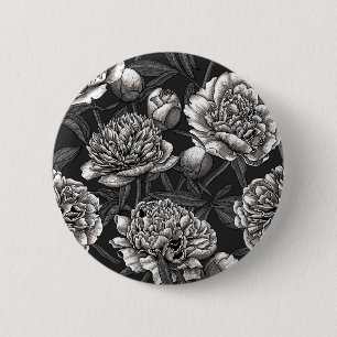 White peony flowers on dark grey 6 cm round badge