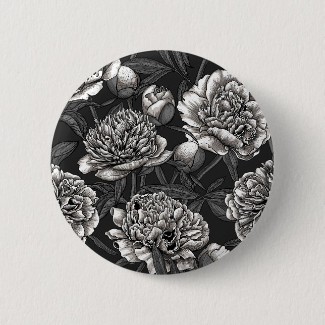 White peony flowers on dark grey 6 cm round badge (Front)