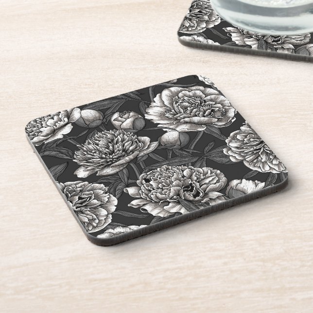 White peony flowers on dark grey coaster (Left Side)