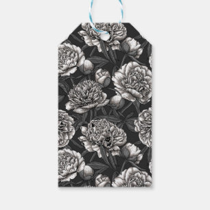 White peony flowers on dark grey gift tags