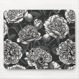 White peony flowers on dark grey mouse mat