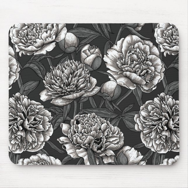 White peony flowers on dark grey mouse mat (Front)