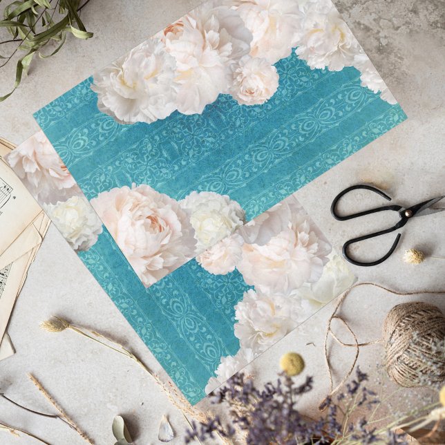 White Peony Flowers On Turquoise Damask Pattern Tissue Paper (Creator Uploaded)