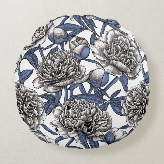 White peony flowers round cushion (Front)