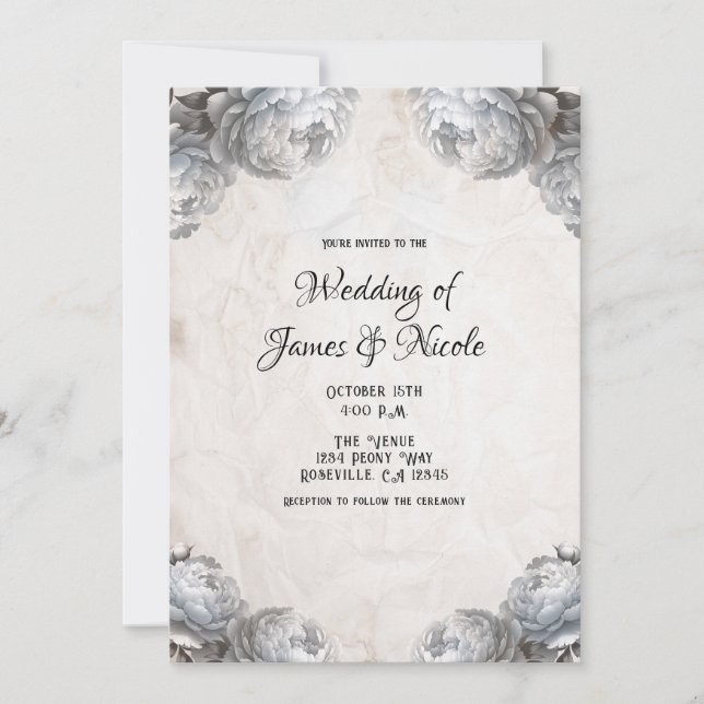 White Peony Flowers Vintage Rustic Wedding  Invitation (Front)