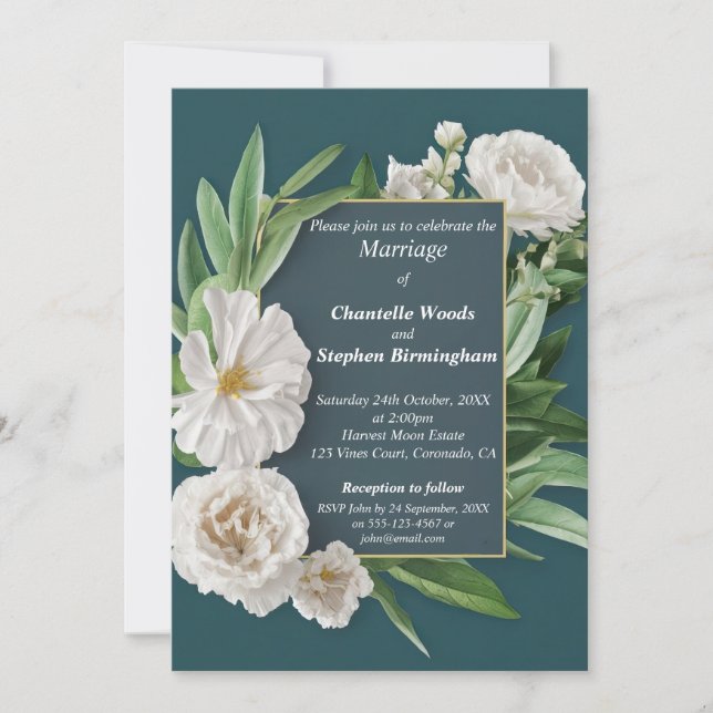 White Peony Flowers Wedding  Invitation (Front)
