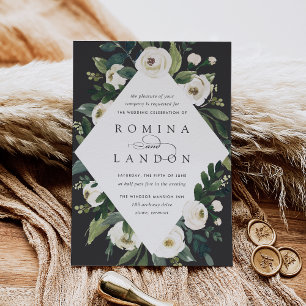 White Peony   Geometric Floral Frame Wedding Invitation