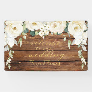 White Peony Gold Calligraphy Wood Welcome Banner