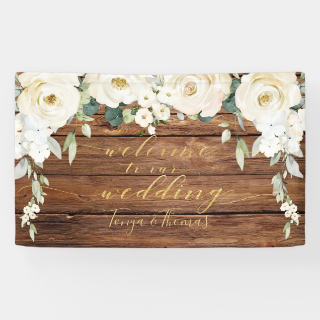 White Peony Gold Calligraphy Wood Welcome Banner (Horizontal)