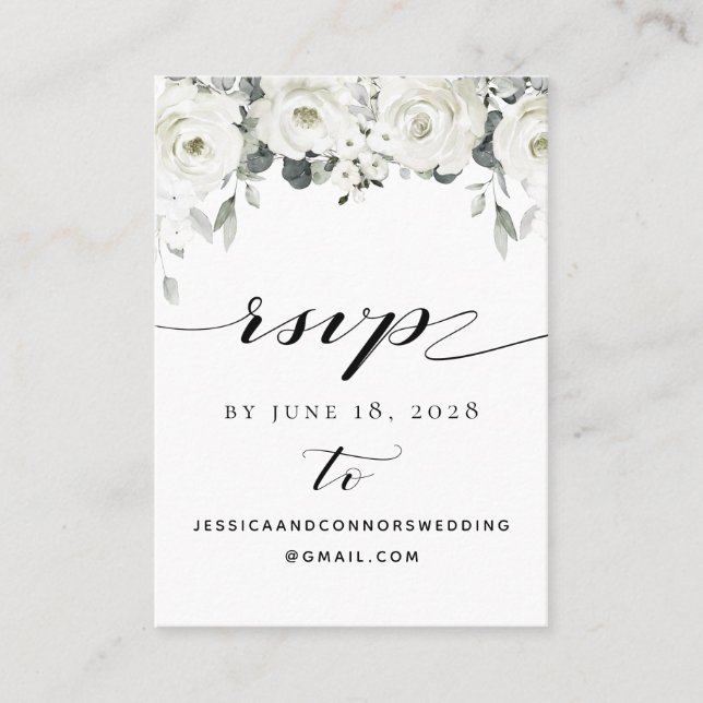 White Peony Greenery Online RSVP Details Card (Front)