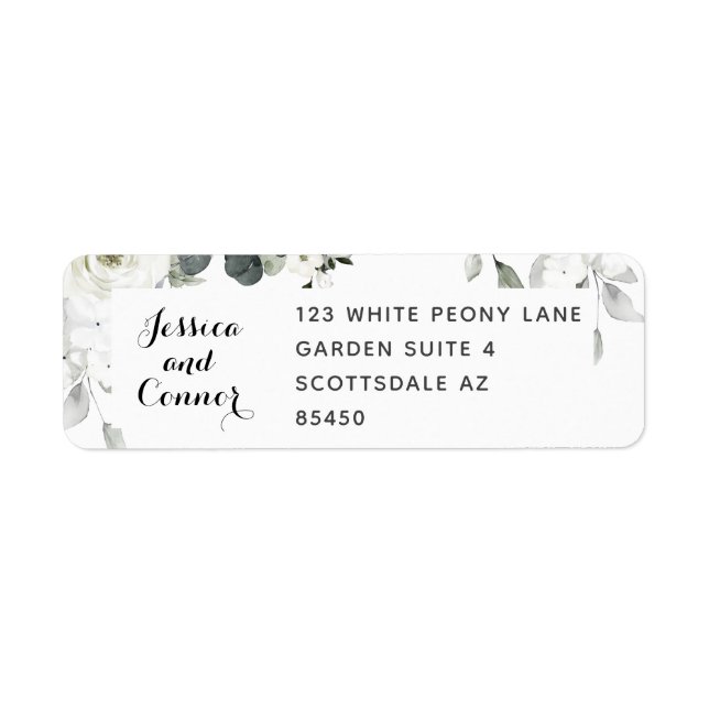 White Peony Greenery Return Address Mailing Label (Front)