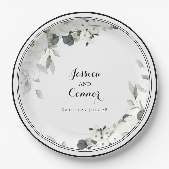 White Peony Greenery Wedding 9 Inch Dinner Paper Plate (Front)