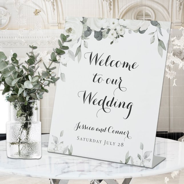 White Peony Greenery Wedding Custom Welcome Sign (Creator Uploaded)