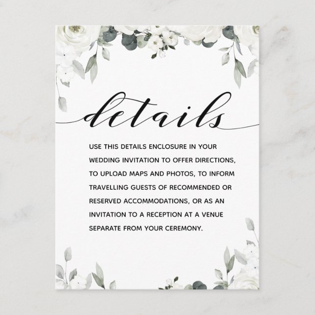 White Peony Greenery Wedding Details Enclosure Card (Front)