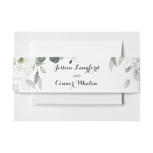 White Peony Greenery Wedding Invitation Belly Band (Front Example)