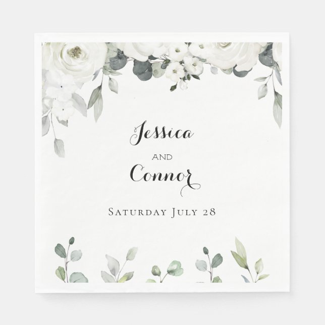 White Peony Greenery Wedding Napkins (Front)