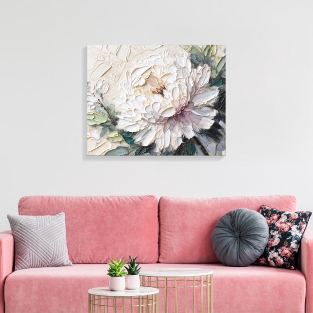 White Peony Impasto Art Canvas Print (Insitu(LivingRoom))
