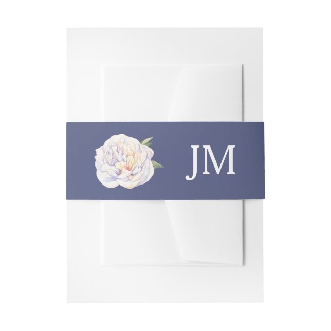 White Peony Monogram Floral Blue Wedding Invitation Belly Band (Front Example)