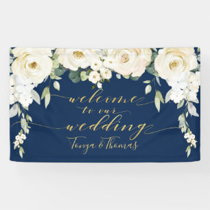 White Peony Navy Fancy Gold Calligraphy Welcome Banner