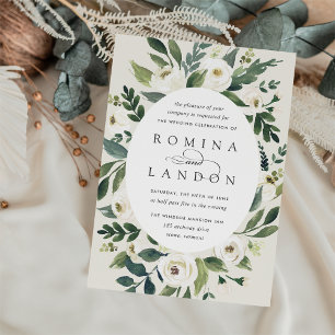 White Peony   Oval Frame Floral Wedding Invitation