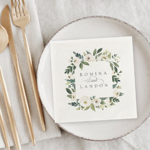 White Peony Personalised Floral Frame Wedding Napkin