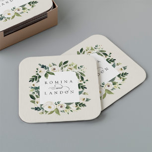 White Peony Personalised Floral Frame Wedding Square Paper Coaster