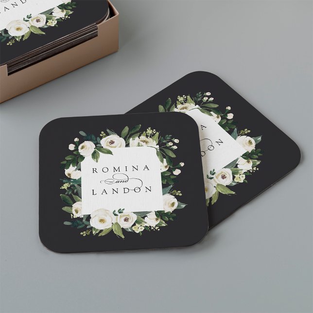White Peony | Personalised Floral Frame Wedding Square Paper Coaster (Creator Uploaded)