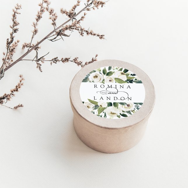 White Peony | Personalised Floral Wedding Classic Round Sticker (Creator Uploaded)