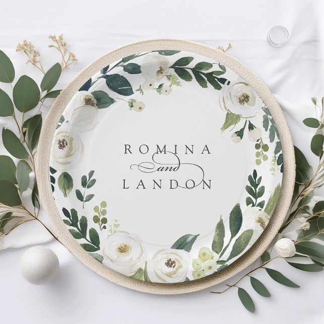 White Peony | Personalised Floral Wreath Wedding Paper Plate (Creator Uploaded)