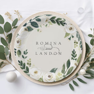White Peony Personalised Floral Wreath Wedding Paper Plate