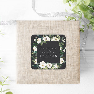 White Peony   Personalized Floral Frame Wedding Square Sticker