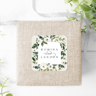 White Peony Personalized Floral Frame Wedding Square Sticker