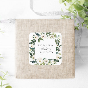 White Peony   Personalized Floral Frame Wedding Square Sticker