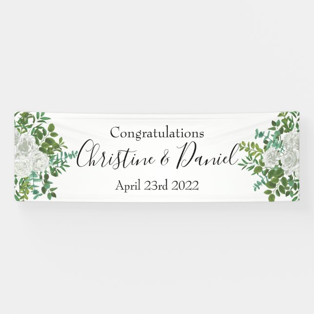White Peony & Rose Floral Wedding Banner (Horizontal)