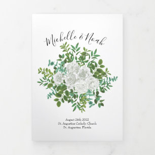 White Peony & Rose Floral Wedding Programs Tri-Fold Programme