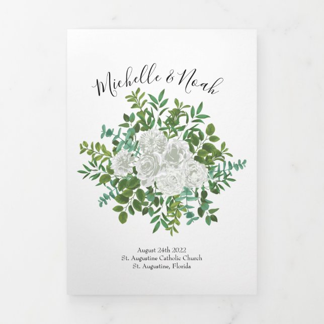 White Peony & Rose Floral Wedding Programs Tri-Fold Programme (Cover)
