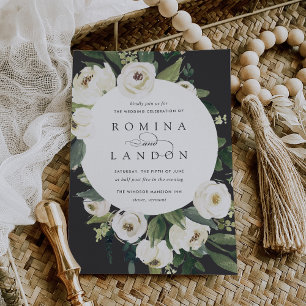 White Peony Round Floral Frame Wedding Invitation