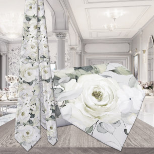White Peony Silver Eucalyptus Wedding Neck Tie