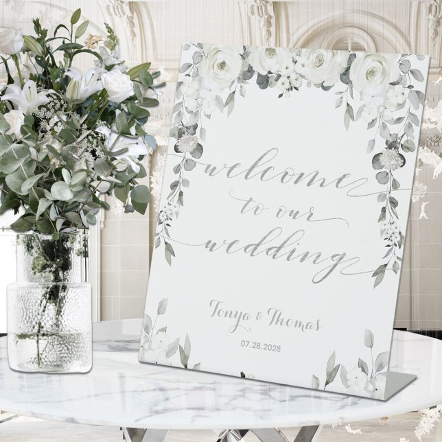 White Peony Silver Eucalyptus Welcome Wedding Pedestal Sign (Creator Uploaded)