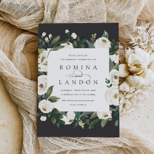 White Peony Square Floral Frame Wedding Invitation