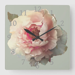 White Peony Vintage Shabby Chic Square Wall Clock