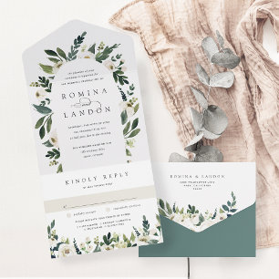 White Peony   Watercolor Floral Arch Wedding All In One Invitation