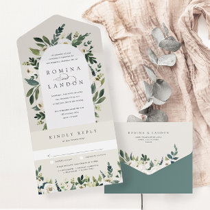 White Peony   Watercolor Floral Arch Wedding All In One Invitation