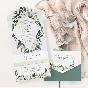 White Peony   Watercolor Floral Frame Wedding All In One Invitation