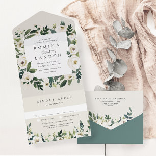 White Peony   Watercolor Floral Frame Wedding All In One Invitation