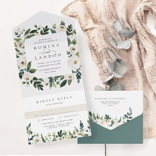 White Peony Watercolor Floral Frame Wedding All In One Invitation