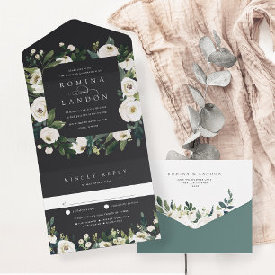 White Peony   Watercolor Floral Frame Wedding All In One Invitation